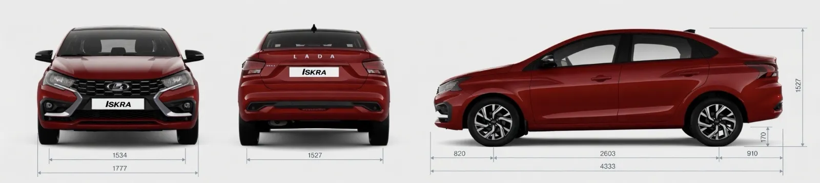 Габаритные размеры LADA Iskra — Красный седан, вид сбоку, спереди и сзади
