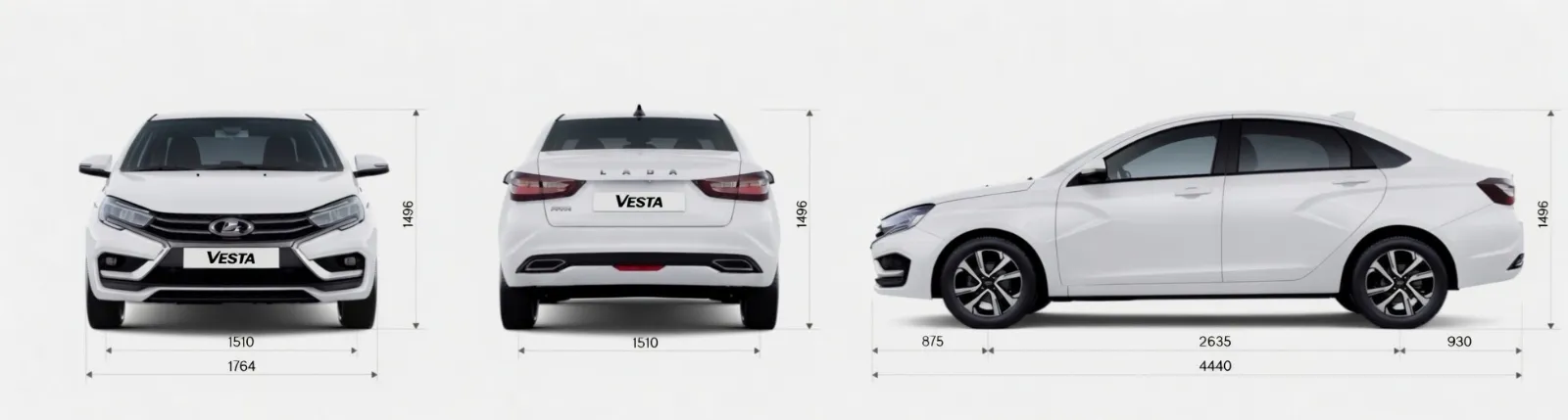 Габаритные размеры LADA Vesta — белый седан, вид сбоку, спереди и сзади