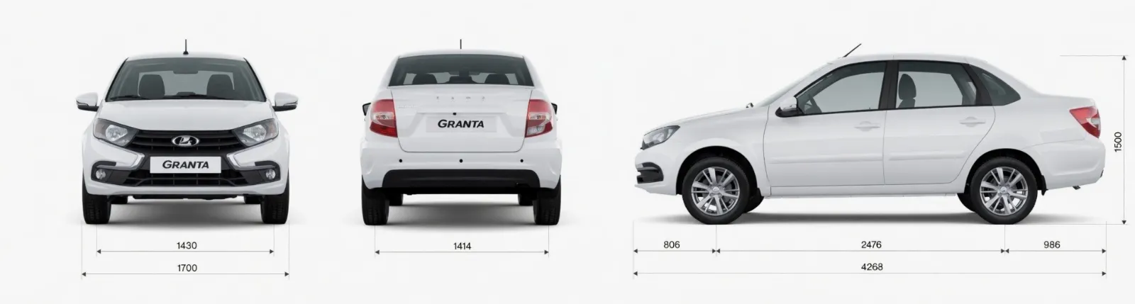 Габаритные размеры LADA Granta — белый седан, вид сбоку, спереди и сзади